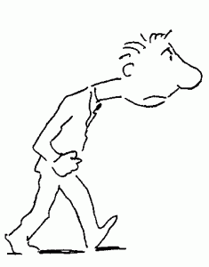 cartoon of man tense and leaning forward as he walks