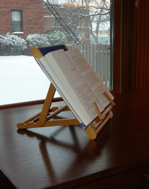 A book chair like this can hold a book or a tablet in a much easier position to read comfortably.